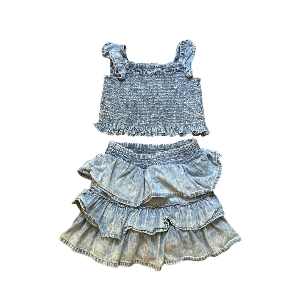 Wonder Nation Skort Set Kids Blue Acid Wash Smocked Ruffle Boho‎ SIZE 2T